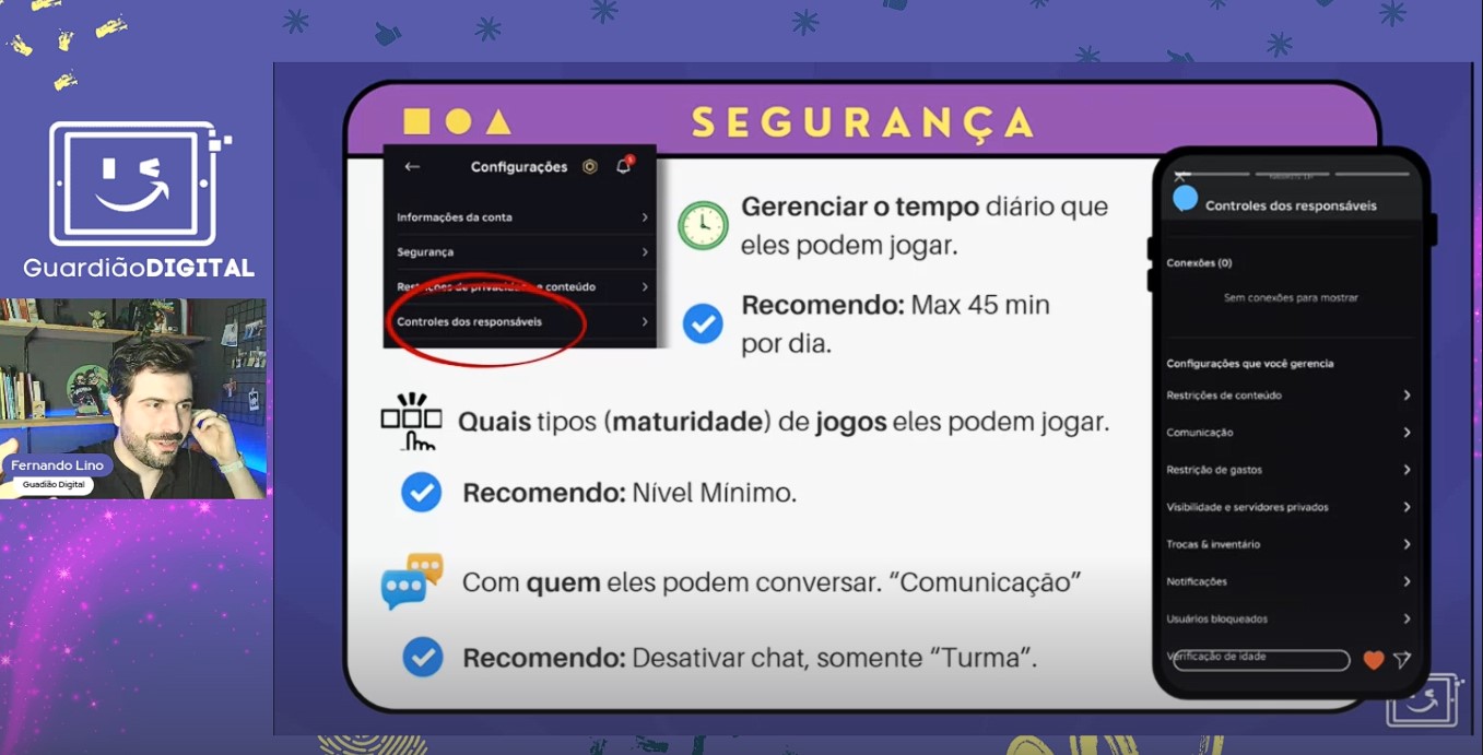 Print do webinar Roblox: Fernando Lino ao vivo ensinando configurações de segurança da plataforma